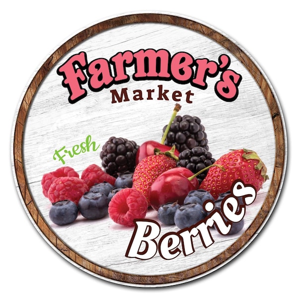 Corrugated Plastic Sign With Stakes 24in Circular-Farmers Market Berries, C-24-CIR-WS-Berries